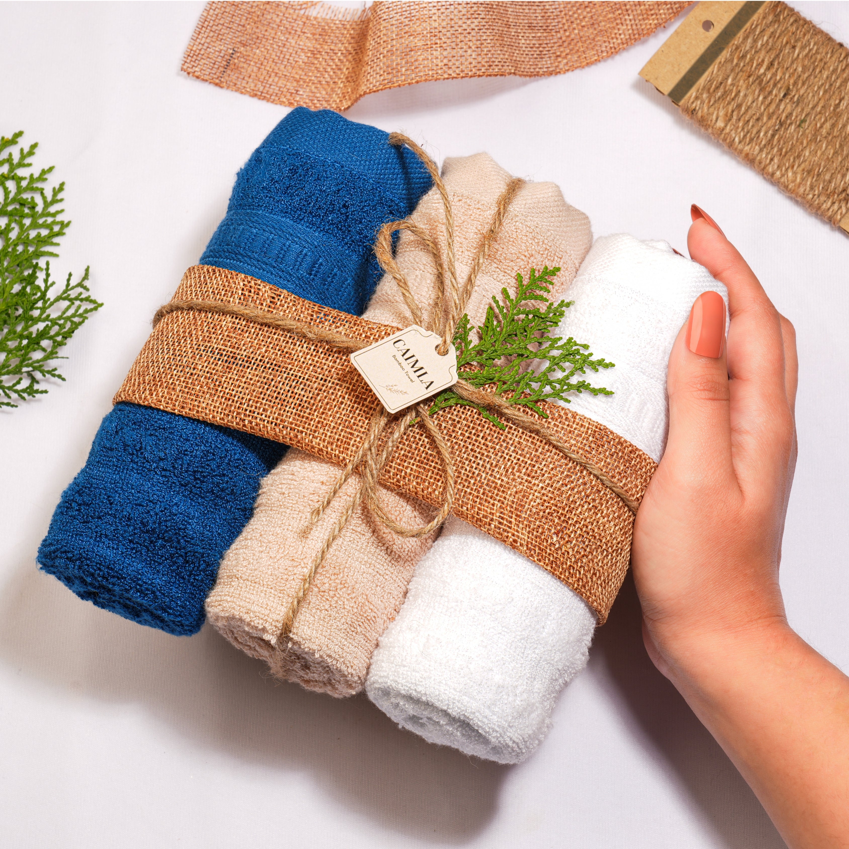 Caimla Luxury 100% Bamboo Face Towel - Ultra-Soft, Highly Absorbent & Eco-Friendly Towels - Perfect for Sensitive Skin, Makeup Removal | 12 X 12 Inches | 550 GSM (Pack of 3 Beige, White & Blue)
