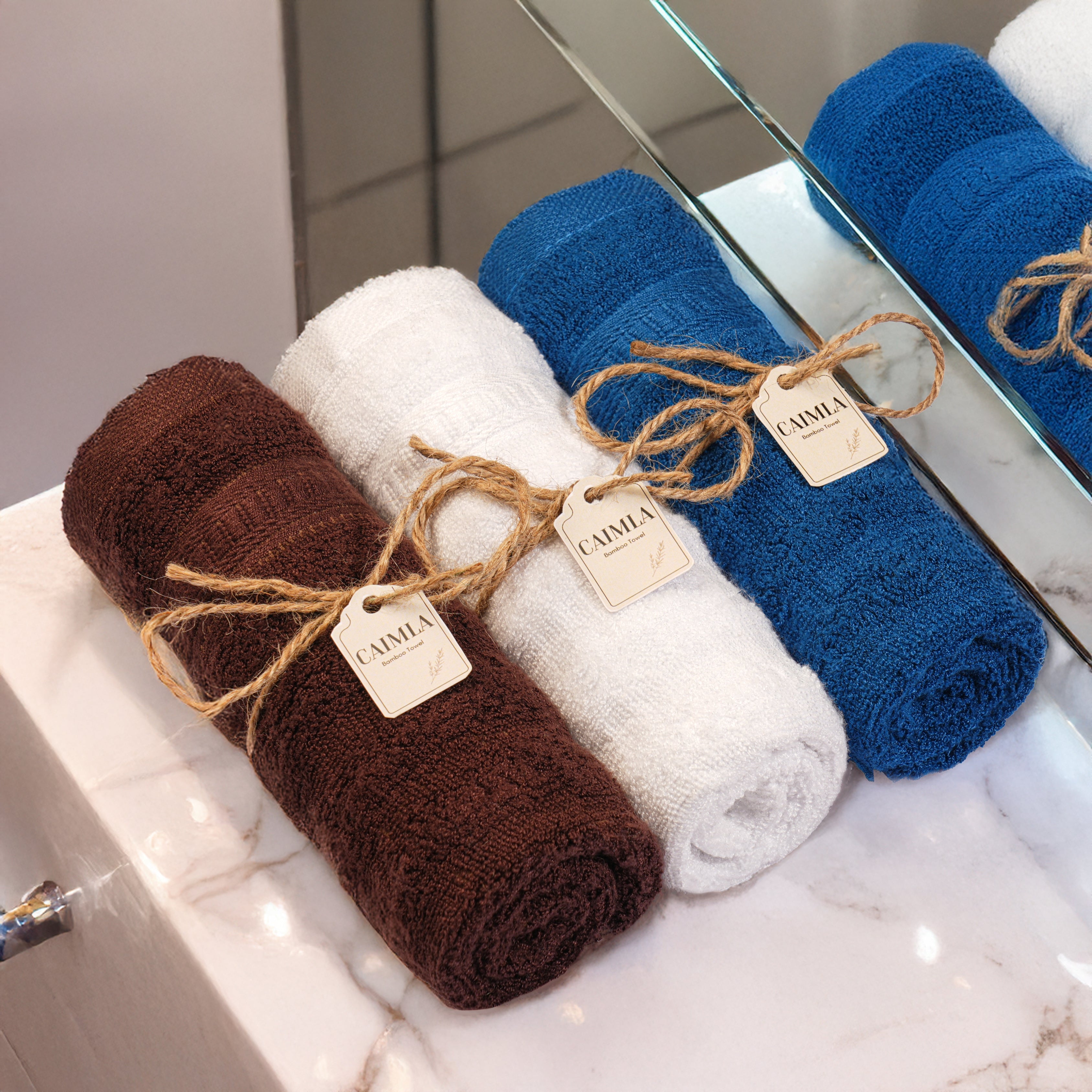 Caimla 100% Bamboo Face Towel - Ultra-Soft & Highly Absorbent Towels for Face Cleansing, Makeup Removal, and Baby Care & Gym | 12 X 12 Inches | 550 GSM (Pack of 3 Brown, White & Blue)